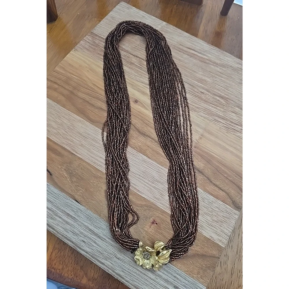 Vtg Brown Seed Beaded Multi-Strand Gold Tone Flower Clasp‎ Boho Necklace Jewelry